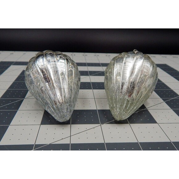 Silver Teardrop Crackle Glass Ornament Ribbed Heavy Set of 2 - Picture 6 of 6